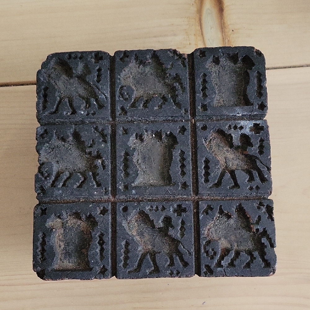 Vintage Wooden Hand Carved Textile Painting Block Stamp with Animal Motifs